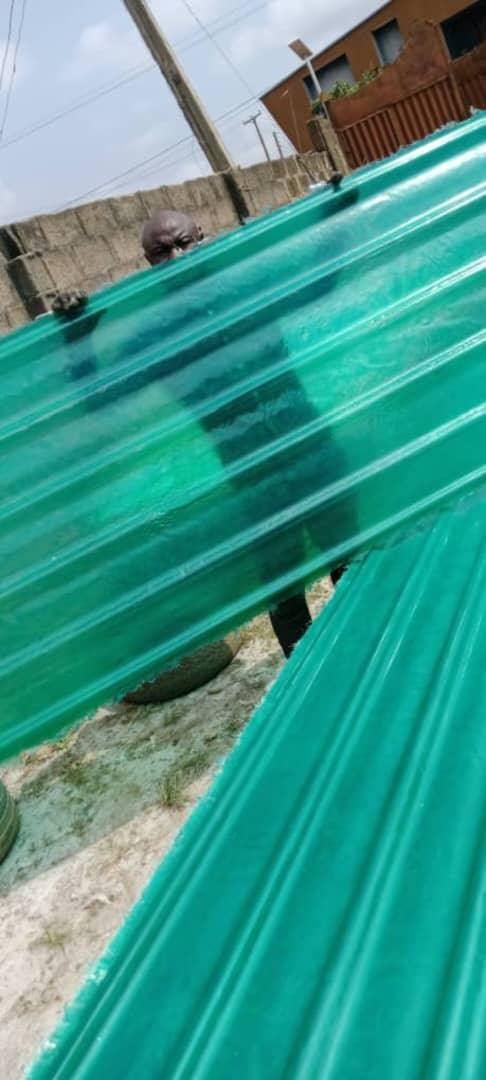 Green transparent fibre glass roofing sheet showing light passing through
